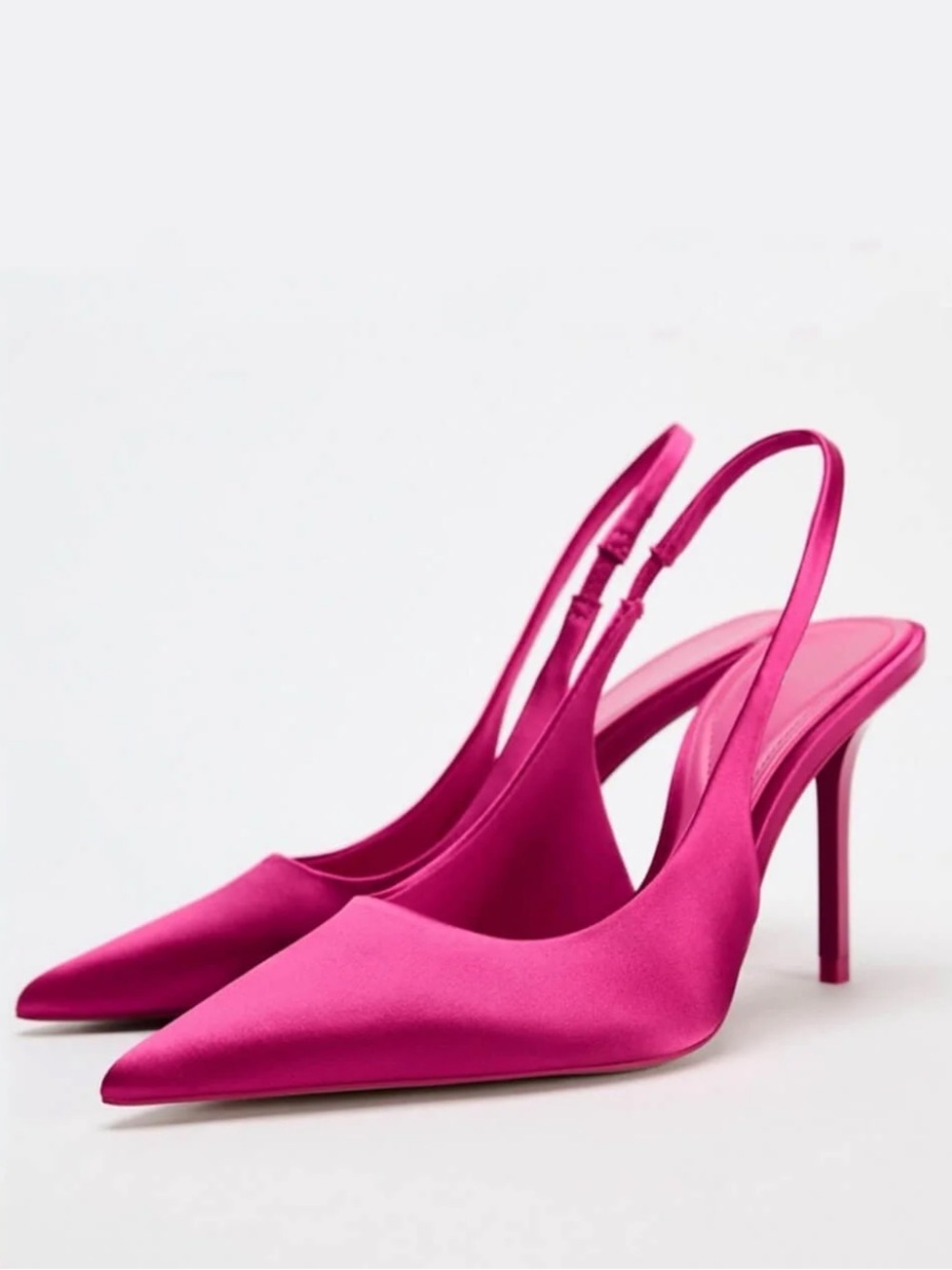Zara Hot Pink Satin Pointed Slingback Heels